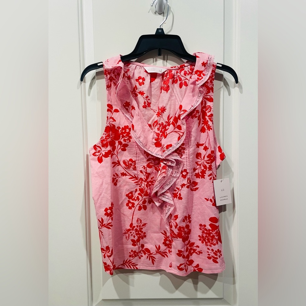 NEW…LC Lauren Conrad Pink & Red Floral Ruffle Sleeveless Top - Picture 2 of 4